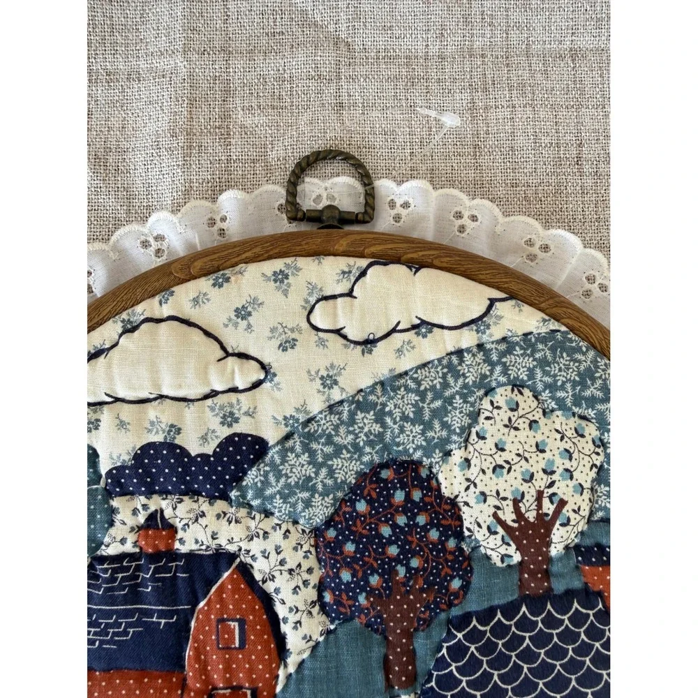 Hand Quilted Wall Art 10in Blue Excellent Folk Art Village Hoop Cottagecore
